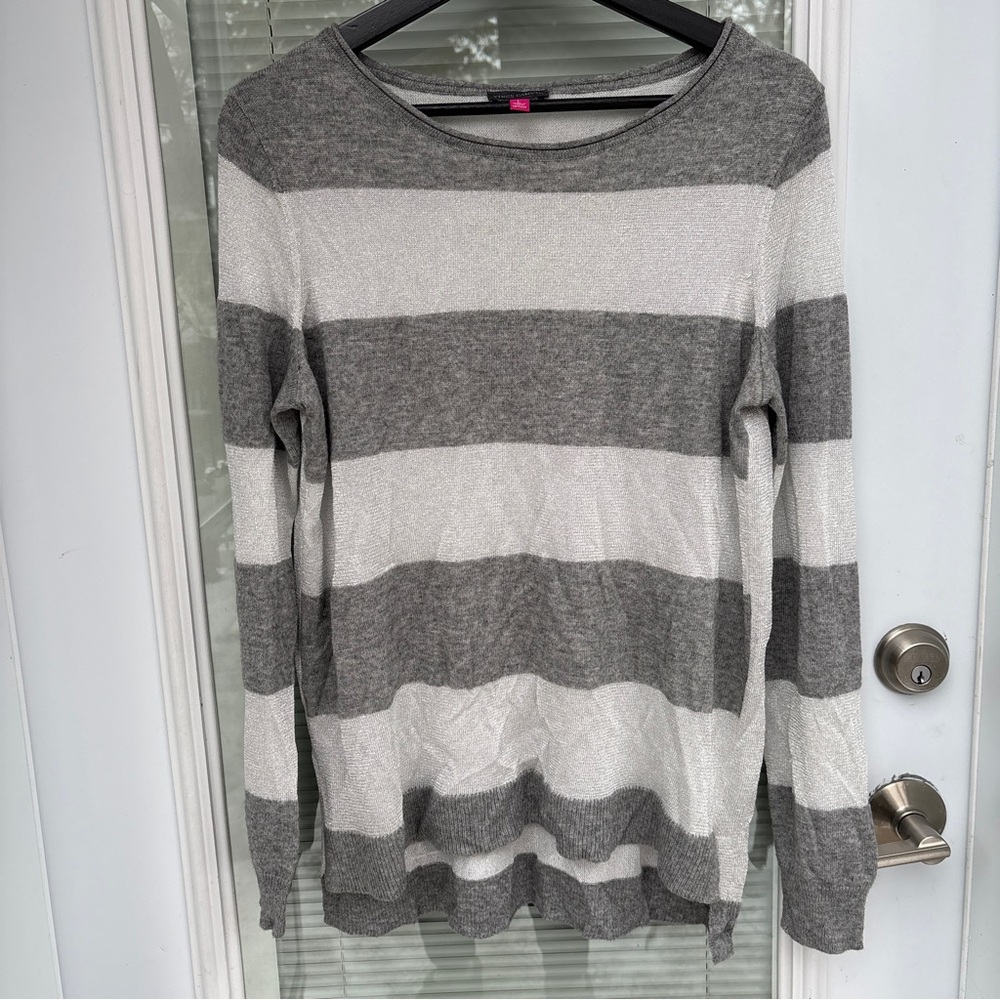 Vince Camuto L Grey Knit, Diaphanous Ivory Shimmer Stripe LS Boatneck